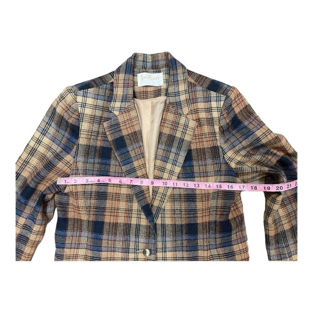 Vintage Jantzen Tan Blue Plaid  Tweed Blazer Sz 12 Lined Classic Preppy Academia - Picture 3 of 8